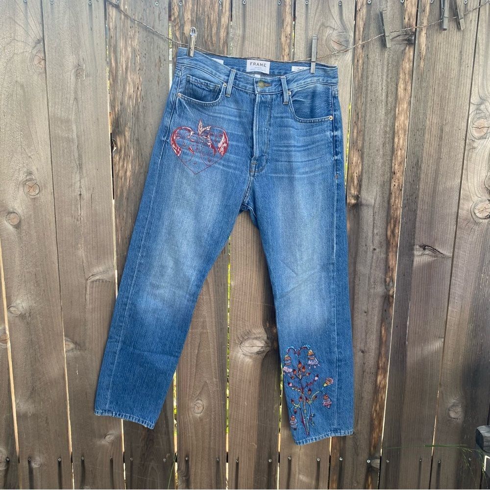 Frame Boyfriend Jeans Women's Size 25 Blue Denim Sasha Embroidered Cotton 6400